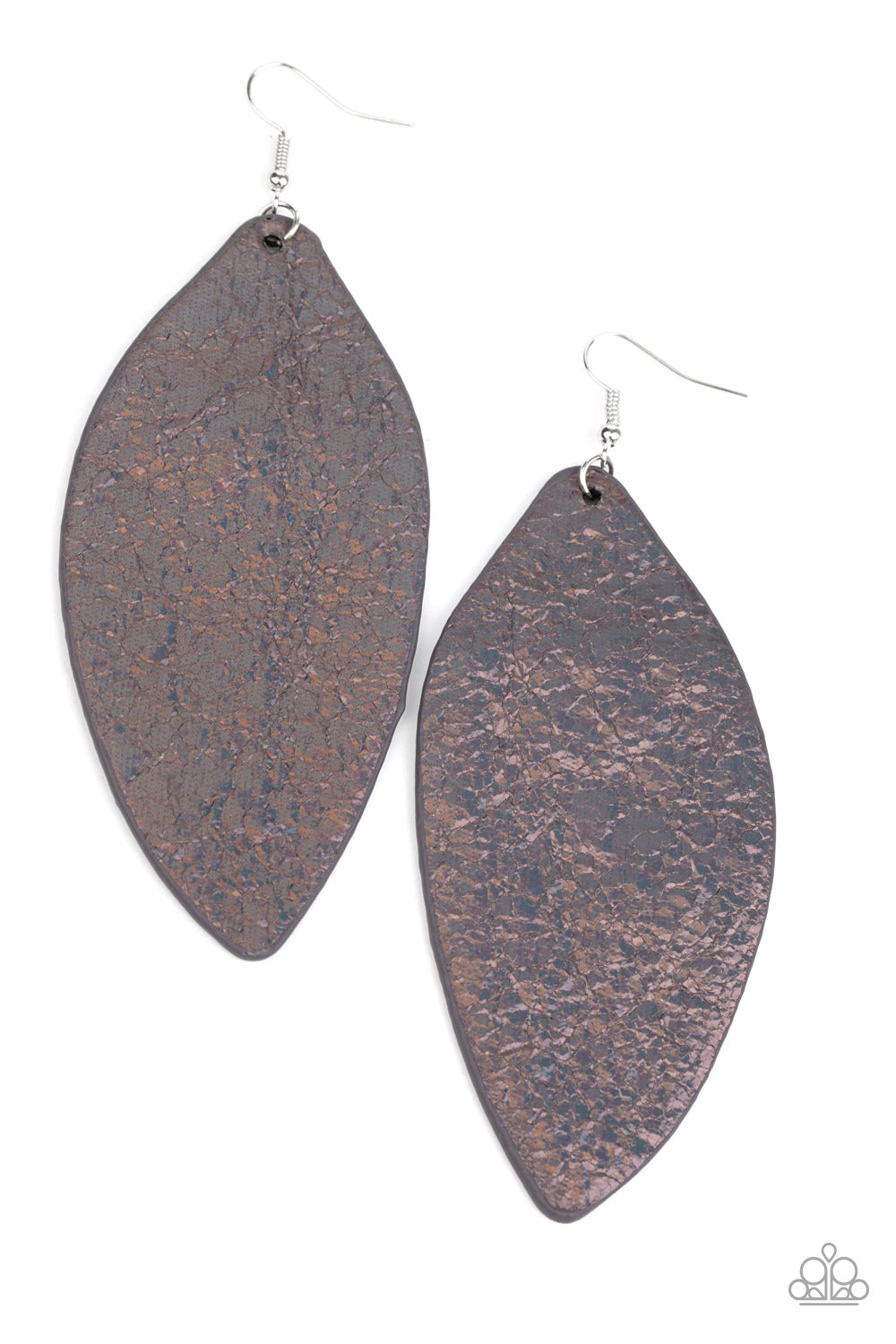Featuring an oil spill iridescence, a leaf-like leather frame swings from the ear for a colorfully retro look.