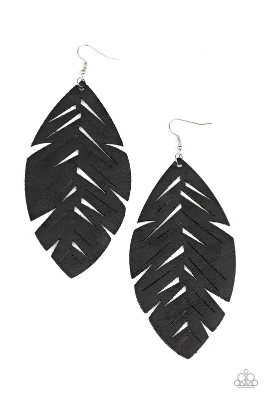 Featuring a rustic finish, a soft piece of black leather is cut and stenciled into an airy feather frame for a free-spirited look.