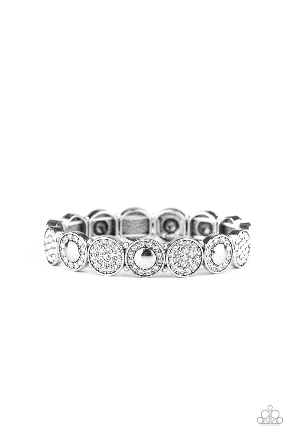 Paparazzi Encrusted in dainty white rhinestones, mismatched silver frames are threaded along stretchy bands around the wrist for a sparkly look.