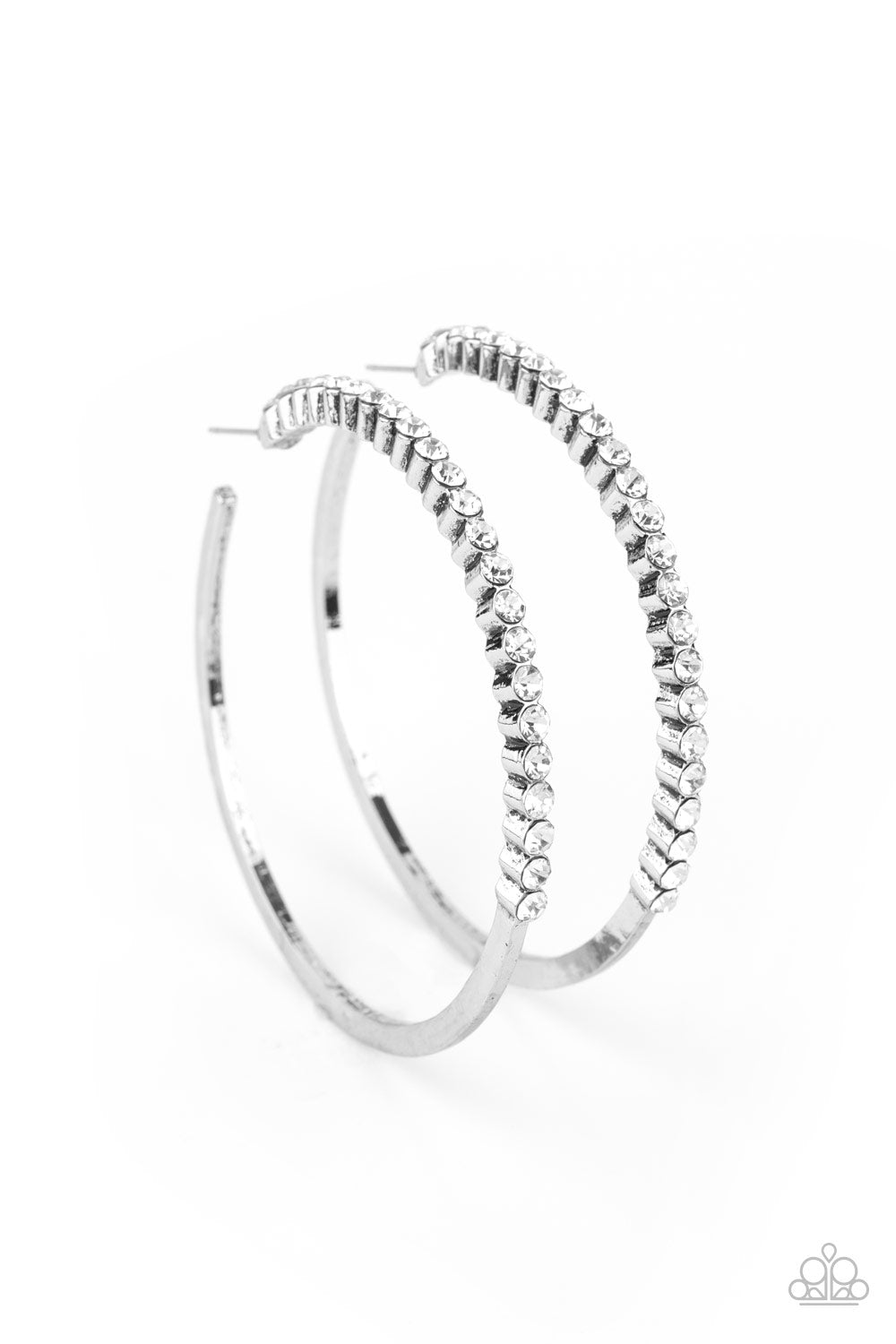 The front half of a glistening silver hoop is encrusted in a glassy row of dainty white rhinestones for a glamorously timeless finish. 