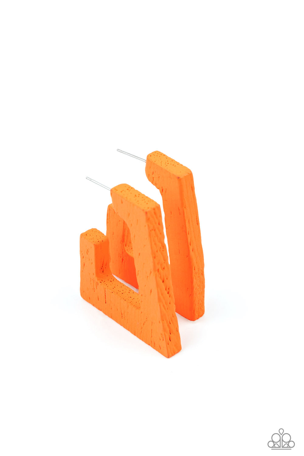 Painted in a neon orange finish, a distressed wooden frame curves around the ear, creating a rectangular hoop for a retro effect. Earring attaches to a standard post fitting. Hoop measures approximately 1" in diameter.