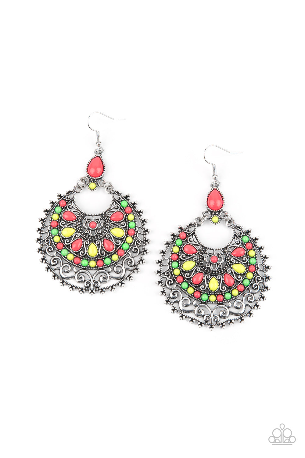 A dainty collection of round and teardrop neon pink, neon green, and Green Sheen beads embellish the front of a decoratively studded and filigree filled silver frame for a flamboyant splash of color.