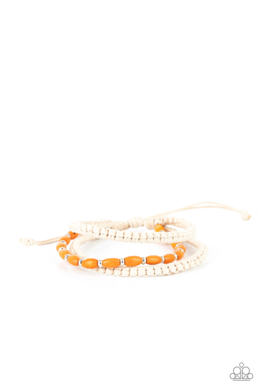 Infused with dainty silver beads, a strand of orange wooden beads layers with two braided rows of twine-like cording around the wrist for a colorfully layered look.